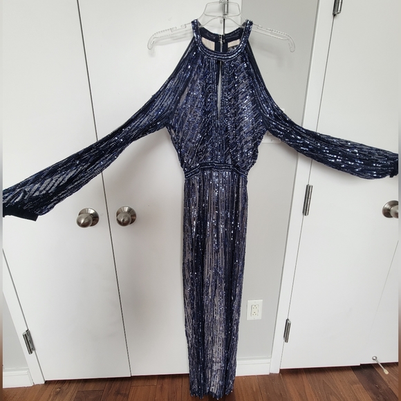 Parker Black Sequined / Embellished Cold- Shoulder Evening Dress, Blue, Size 0 - Picture 6 of 12